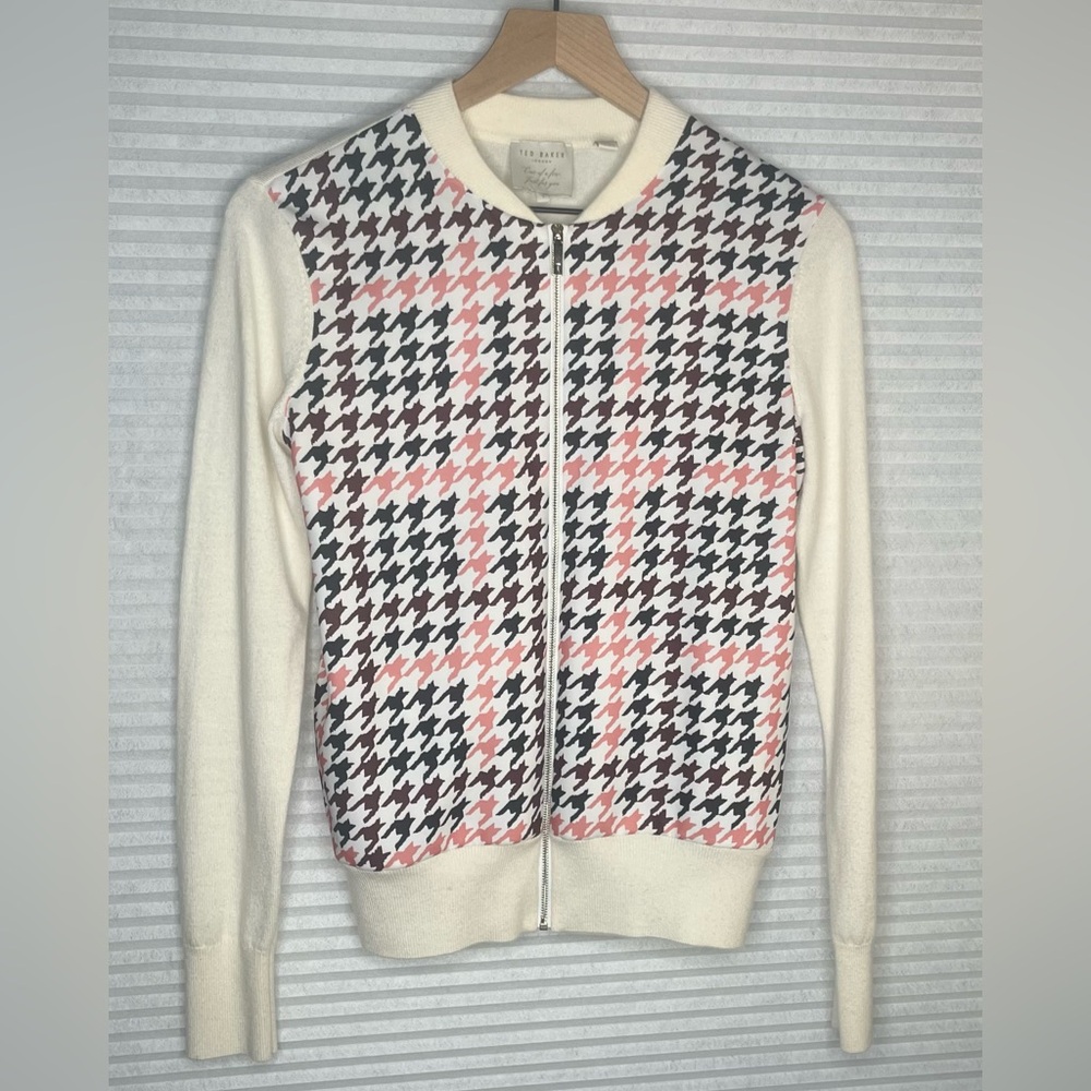 Ted Baker London Houndstooth zip up bomber sweater jacket full zip size 1 US 4 - Picture 5 of 10